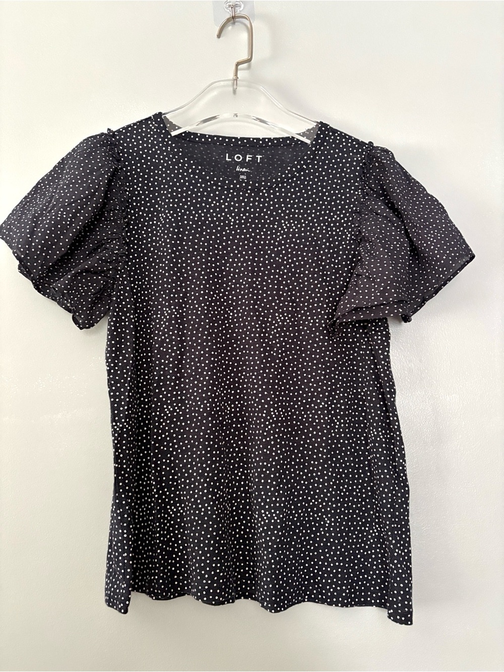 Loft Navy White Polka Dot Linen Puff Sleeve Women's Top Sz Small
